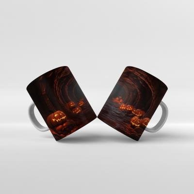 Baskılı Kupa Bardak Cadılar Bayramı Karanlık Mağarada Bal Kabakları